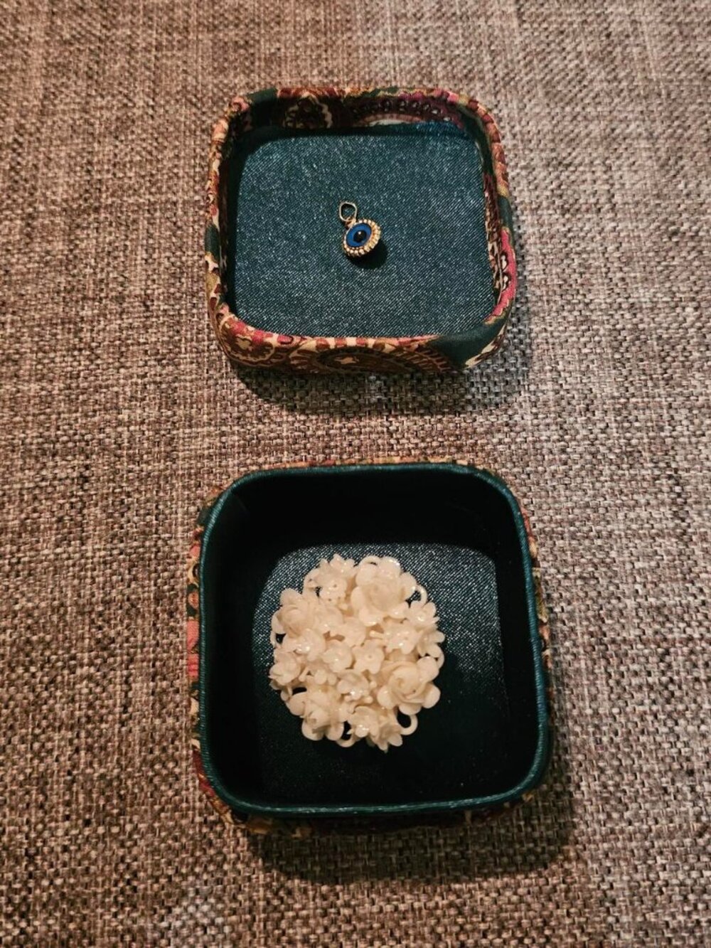 BELLEEK CHINA BROOCH & EVIL EYE GOLD PENDANT